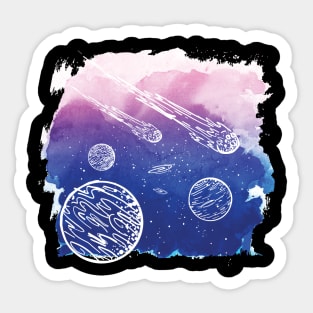 Outer space with planets and comets on watercolor texture Sticker